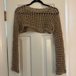 Crochet Open-Knit Long Sleeve Crop Top - Tan